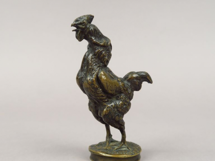 FREMIET. "Coq chantant" Sujet en bronze. Signé.  H. 11,5 cm