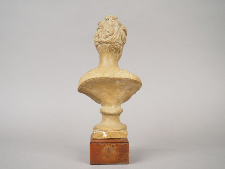 "Buste de femme au diadième". Sujet en terre patinée. Socle en bois.  