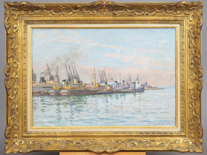 Ernest JOUANNE "L'arrière port du Havre" Huile sur toile. Signée en ba