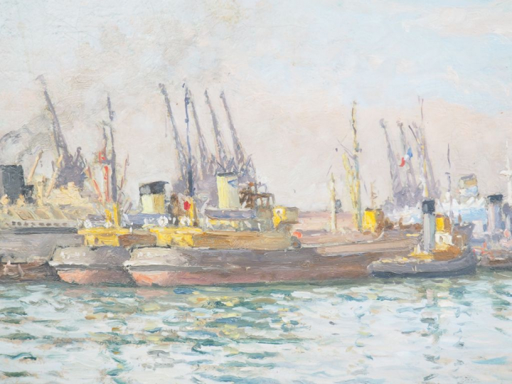 Ernest JOUANNE "L'arrière port du Havre" Huile sur toile. Signée en ba
