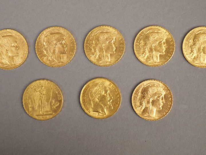 Ensemble de huit pièces de 20 Francs or, 1866-A, 1877-A, 1901 (x2), 19