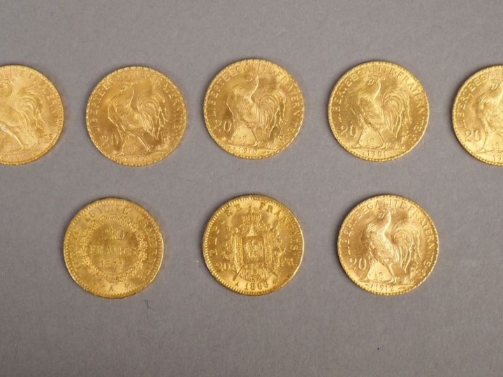 Ensemble de huit pièces de 20 Francs or, 1866-A, 1877-A, 1901 (x2), 19
