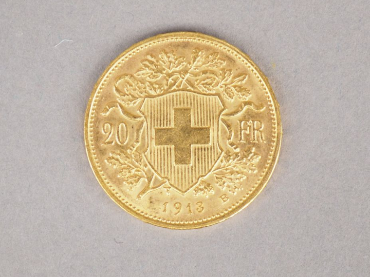 Une pièce de 20 Francs Suisse or, 1913-B. FRAIS ACHETEUR : 5% TTC