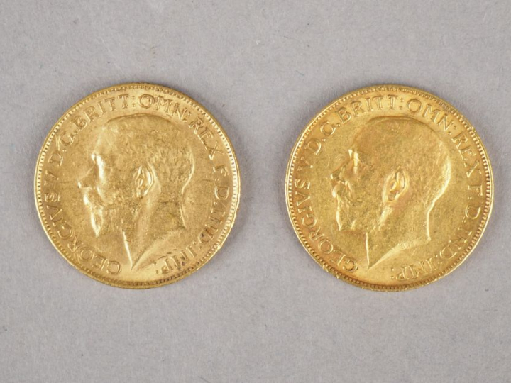 Deux pièces Georges V or, 1925 et 1928. FRAIS ACHETEUR : 5% TTC