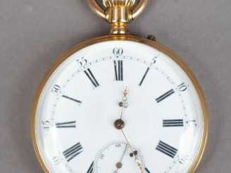 Vente aux enchères Montre de gousset en or jaune, cadran émaillé, chiffres romains.  Le r