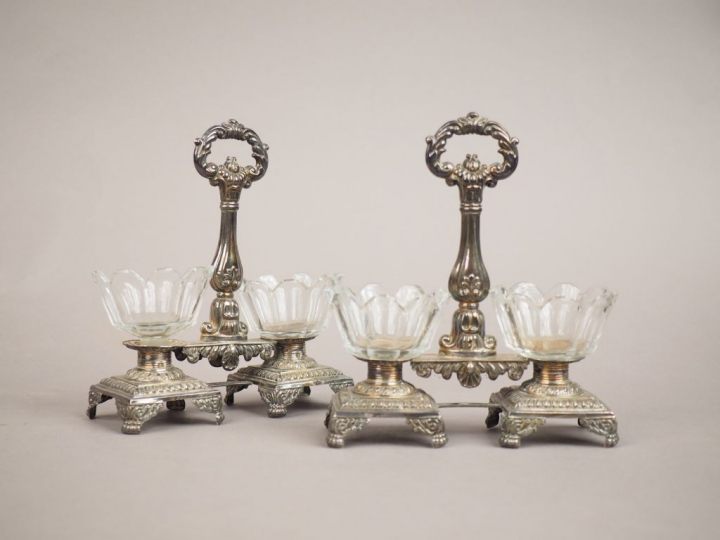 Paire de salerons double Napoléon III en argent et cristal, poinçon Mi