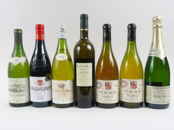 8 BOUTEILLES : 1 VACQUEYRAS 2012 - 1 SANCERRE BLANC 1990 - 1 FAUGERES 