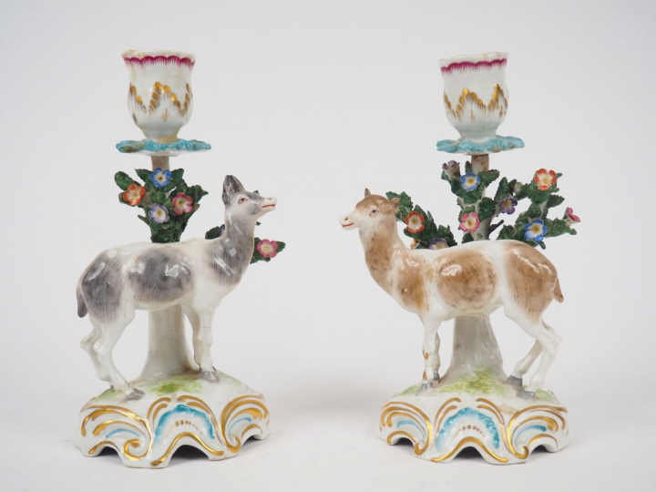 Paire de bougeoirs XIXème en porcelaine polychrome de Saxe à décor de 