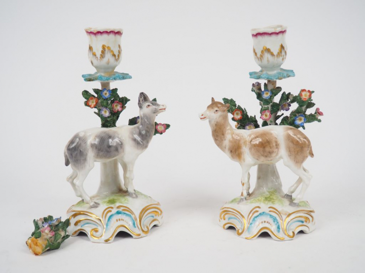 Paire de bougeoirs XIXème en porcelaine polychrome de Saxe à décor de 