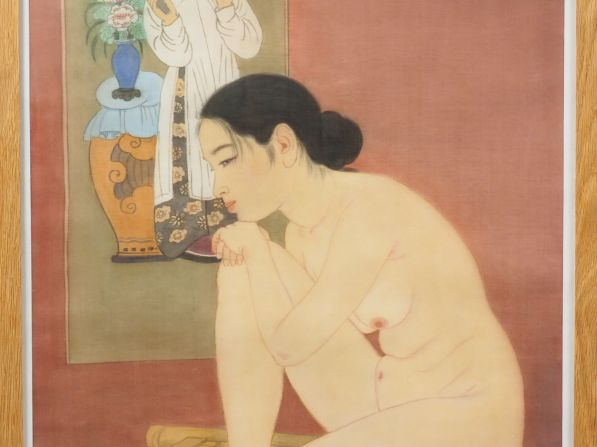 NGUYEN HOANH  "Jeune nue pensive". Encre sur soie. Signée en haut à dr