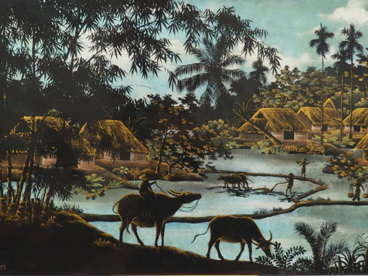 Indochine, vers 1970, HON. Panneau en laque représentant un village la