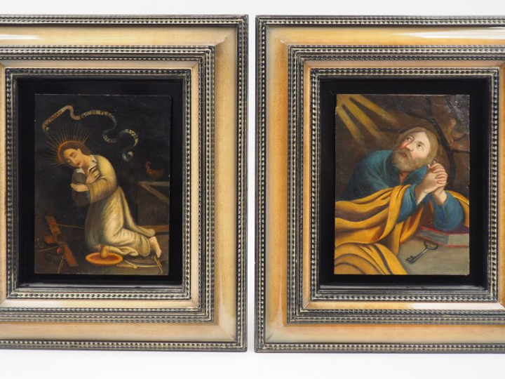 Ecole française fin XVIIe. "Saint Pierre" et "Femme en prière". Huiles
