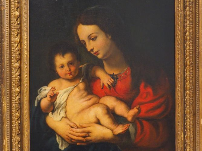 Ecole XVIIème, dans le goût de Van Dyck. "Vierge à l’Enfant". Huile su