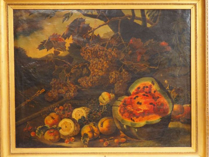 Ecole fançaise fin XVIIIe debut XIXe.  'Nature morte aux fruits'. Huil