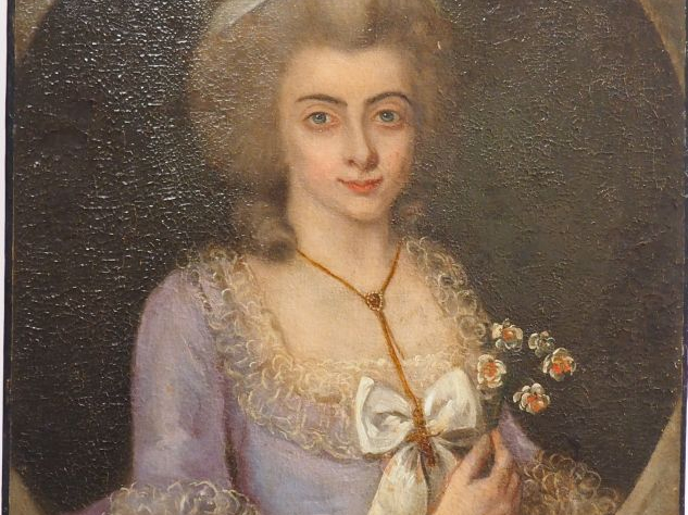 Ecole française fin XVIIIème.  'Portrait d’élégante aux fleurs'. Huile