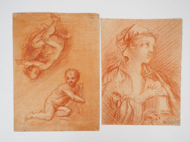 CHARPENTIER. "Amours" et "Jeune fille au fichu". Deux dessins à la san