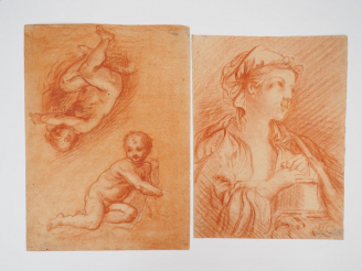 Vente aux enchères CHARPENTIER. "Amours" et "Jeune fille au fichu". Deux dessins à la san