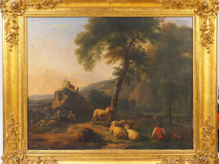 Ecole française début XIXème. 'Bergers et leurs troupeaux'. Huile sur 