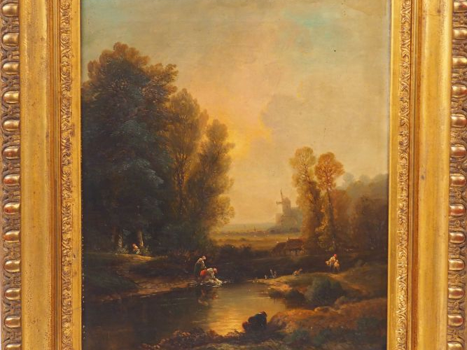 Ecole française XIXème. 'Lavandières'.  Huile sur toile. Dim. : 46 x 3