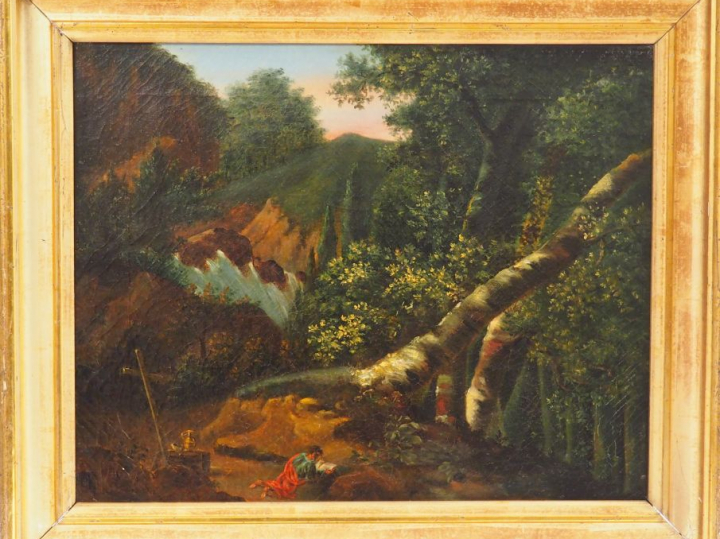 Ecole française XIXème. "Ermite en prière près d’une cascade". Huile s