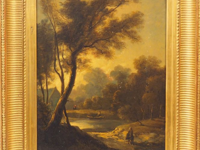 J. ANDRE.  'Paysage lacustre animé'.  Huile sur toile, signée en bas à