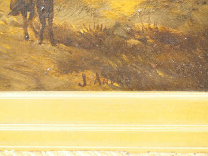 J. ANDRE.  'Paysage lacustre animé'.  Huile sur toile, signée en bas à