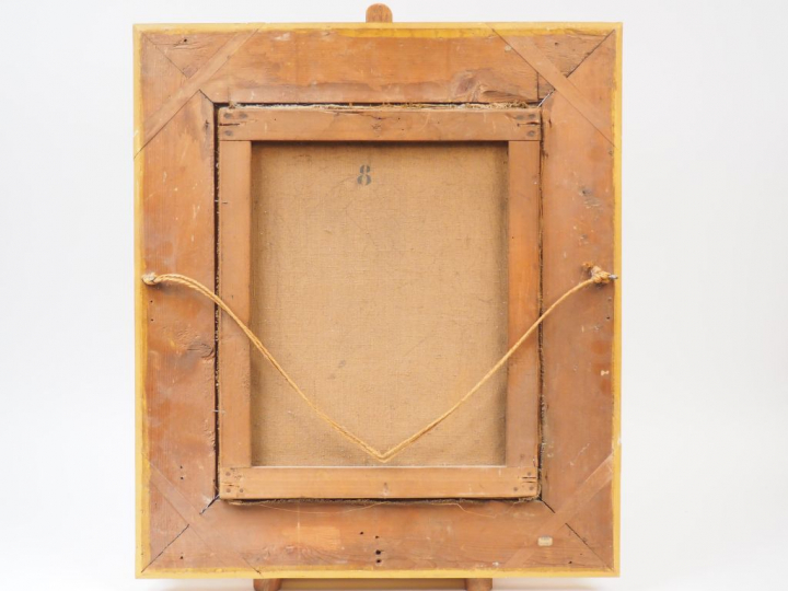 J. ANDRE.  'Paysage lacustre animé'.  Huile sur toile, signée en bas à