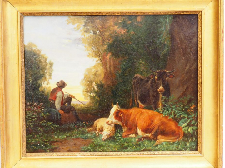 Ecole française XIXème . "Jeune pâtre et ses animaux"  Huile sur toile