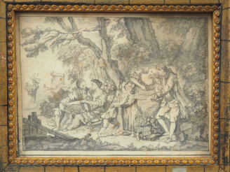 Vente aux enchères Ecole française fin XIXe. "Scène galante". Dessin au lavis. Dim. : 13,