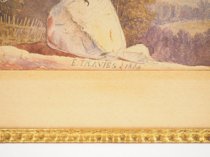 Edouard TRAVIES. "Grive". Aquarelle, signée en bas et datée 1854. Dim.
