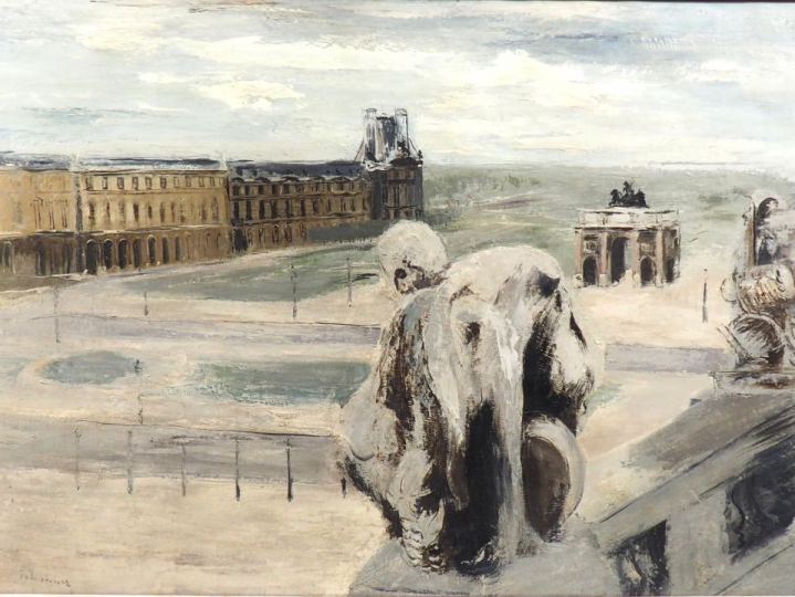 Paul BRUSSET. "Les Tuileries". Grande huile sur toile, signée en bas à