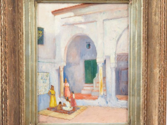 Vente aux enchères Louis CABANES. "Scène de vie dans un ryad". Huile sur panneau, signée 