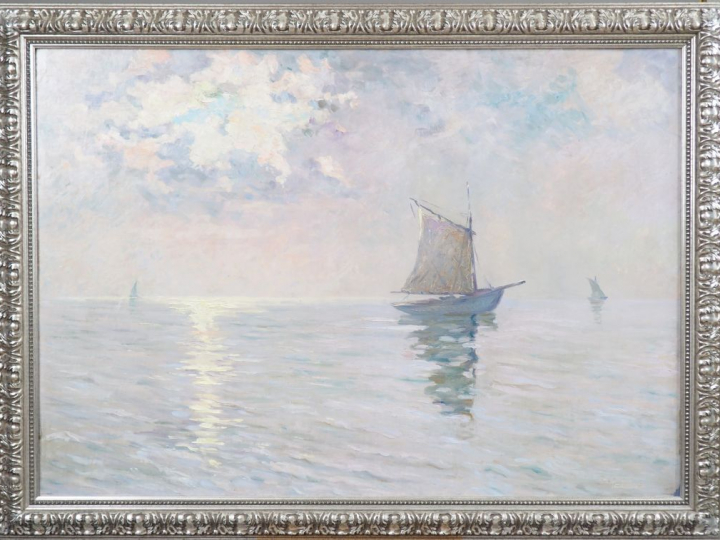 Marcel CLEMENT. "Dundees au large d'Oléron".  Huile sur panneau, signé