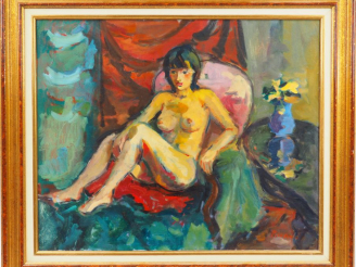 Vente aux enchères Pierre CORNU  "Nue au fauteuil" Huile sur toile. Signée en bas à droit