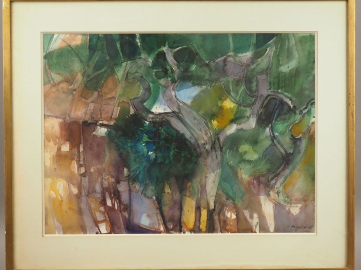 Camille HILAIRE. "Paysage arboré". Aquarelle, signée en bas à droite. 