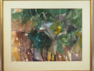 Vente aux enchères Camille HILAIRE. "Paysage arboré". Aquarelle, signée en bas à droite. 
