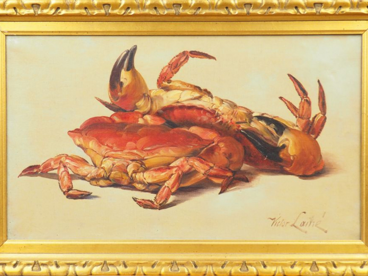 Victor LAINÉ. "Nature morte aux crabes". Huile sur toile, signée en ba