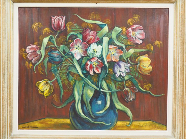 André MAIRE.  "Nature morte au bouquet de fleurs". Huile sur panneau, 