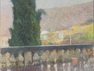 Vente aux enchères Henri MARTIN. 1860-1943 "Terrasse à Marquayrol". Huile sur isorel, sig