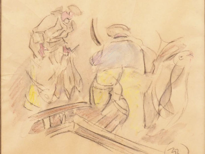 Mathurin MEHEUT. "Pêcheurs". Aquarelle monogrammée en bas à droite. Di