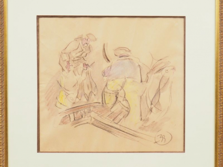 Mathurin MEHEUT. "Pêcheurs". Aquarelle monogrammée en bas à droite. Di