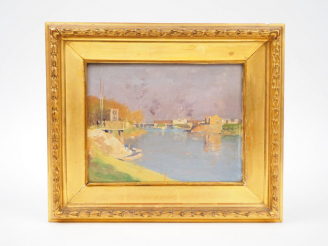 Vente aux enchères Joseph Paul MESLÉ. "Paysage fluvial". Huile sur panneau signée en bas 