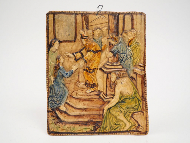 Plaque XVIIème en faïence polychrome « La présentation de Jésus au Tem