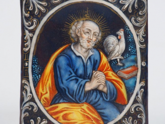 Vente aux enchères 	Plaque en émail peint polychrome représentant le Repentir de saint Pi