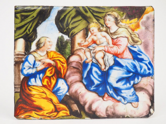 Vente aux enchères 	Plaque en émail peint polychrome représentant le Mariage mystique de 