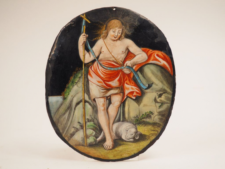 Plaque ovale en émail peint polychrome représentant saint Jean-Baptist