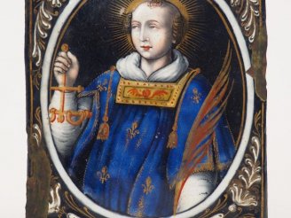 Vente aux enchères 	Plaque en émail peint polychrome représentant saint Léonard dans un m