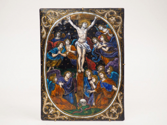 Vente aux enchères Plaque en émail peint polychrome avec rehauts d’or représentant la Cru