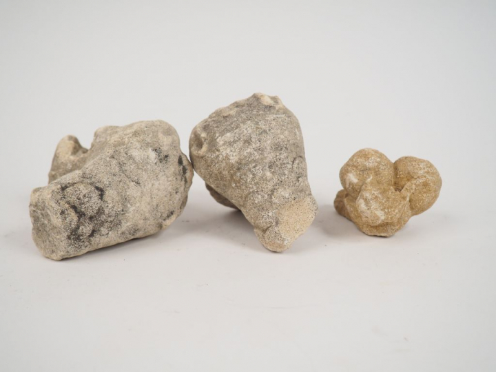 	Deux têtes de monstres grimaçants en pierre sculptée, on joint un élé