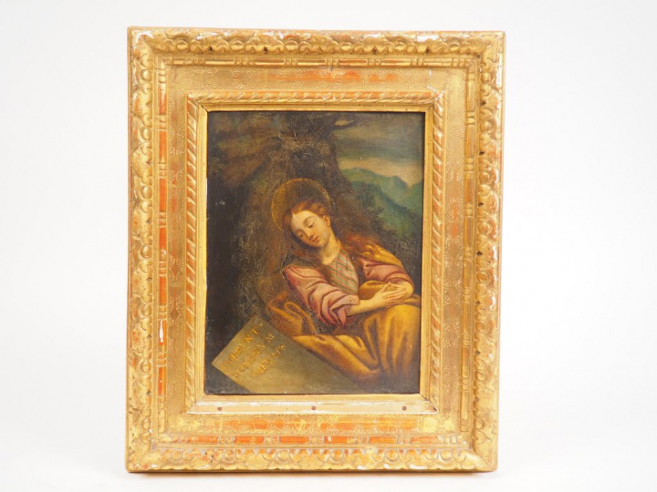 Ecole XVIIème "Sainte femme" Huile sur cuivre. Dans un joli cadre ital